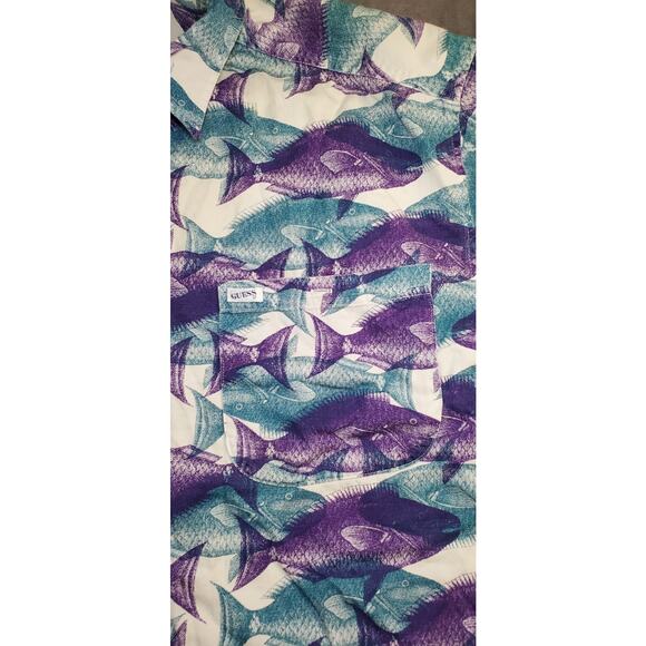 Vintage Guess Size L Hawaiian Button Up Shirt Camp Made In USA Cotton Summer C26 - Picture 4 of 8